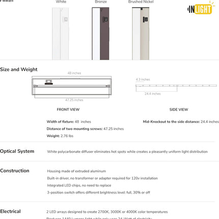 GETINLIGHT 48-inch 3 Color Levels LED Under Cabinet Lighting, Hardwired or Plugg
