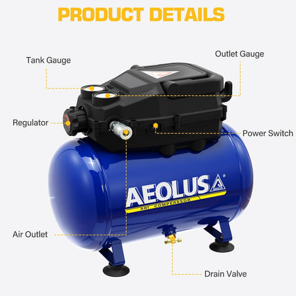 AEOLUS 3 Gallon 110 PSI Oil-Free Air Compressor, Portable Tank for Auto Repair, Tire Inflation & Spray Painting, 16.8 lb