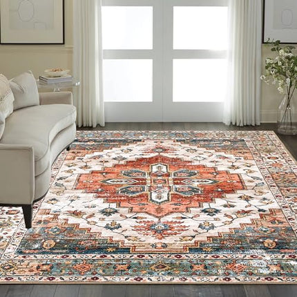 Aopota Washable Area Rug - 8x10, Low Pile, Distressed Boho, Non-Slip, Ultra-Thin