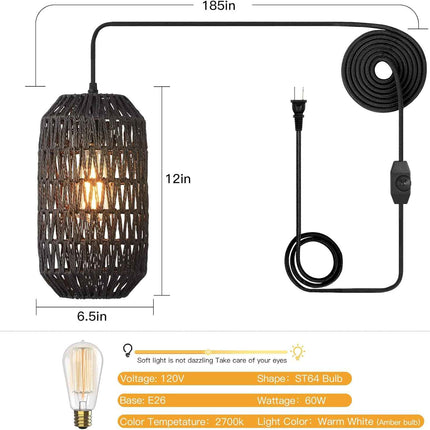 Ruzectt Plug in Pendant Light Rattan Hanging Light with Plug in Cord with Dimmab
