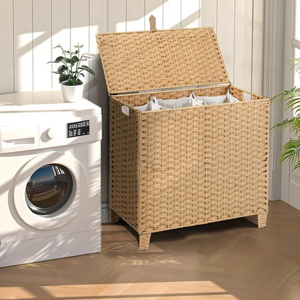 214 L Wicker Laundry Hamper with Lid 3 Section, Extra Large HandWoven Synthetic