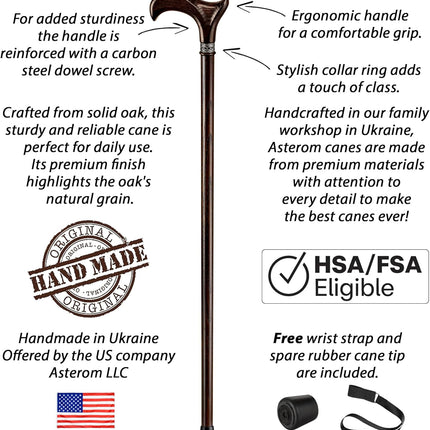 Asterom Walking Cane - Handmade, Ergonomic, Wooden - Canes for Men, Cane for Wom