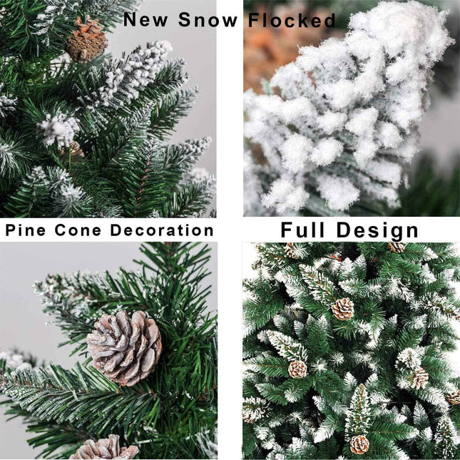 Senjie Artificial Christmas Tree 7 Foot Flocked Snow Trees Pine Cone Decoration Unlit 7FT