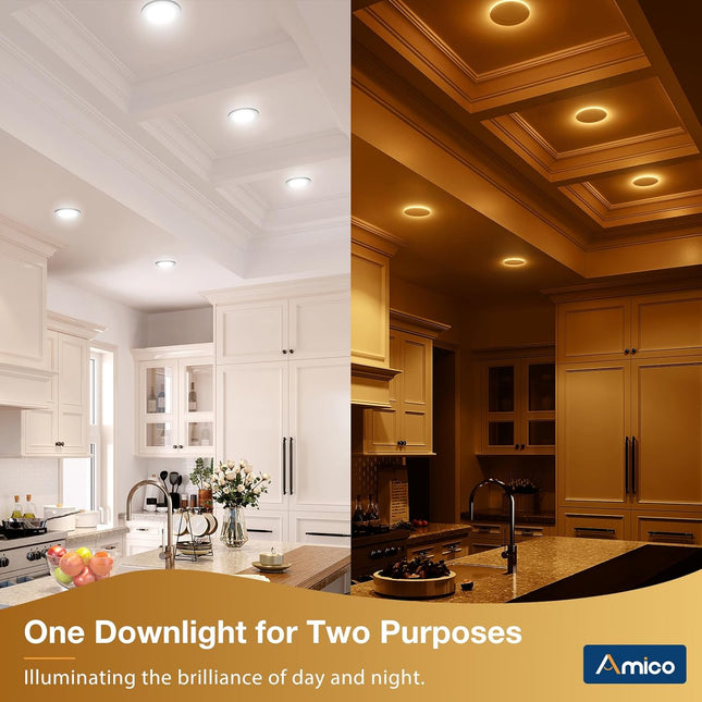 Amico 12 Pack 4 Inch 5CCT Recessed Pot Light with Night Light, 2700K/3000K/3500K