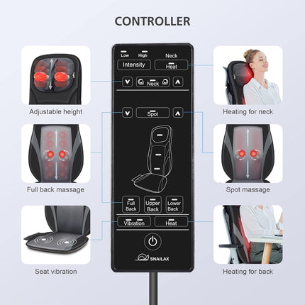 Snailax Shiatsu Back Massager With Heat - Deep Kneading Chair Pad, Adjustable In