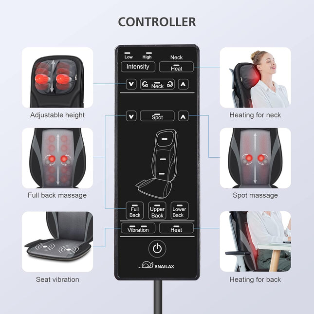 Snailax Shiatsu Back Massager With Heat - Deep Kneading Chair Pad, Adjustable In