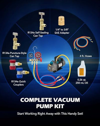 Orion Motor Tech AC Vacuum Pump and Gauge Set, 1/4 hp 3.5 cfm Vacuum Pump Manifo