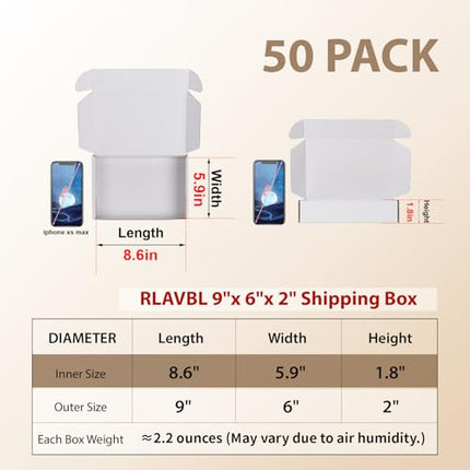 RLAVBL 9x6x2 Shipping Boxes Set of 50, White Corrugated Cardboard Box for Packin