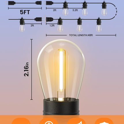 Quntis 53FT Outdoor String Lights, Waterproof Shatterproof Patio Lights String O