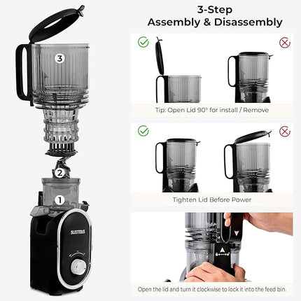 SUSTEAS Cold Press Juicer, 300W, 5.3" Large Feed Chute, 1.5L Capacity