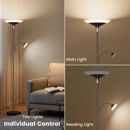 SIBRILLE 2-in-1 Torchiere Floor Lamp, 34W Dimmable Modern Standing Lamp with Gooseneck Reading Light & Magnetic Remote
