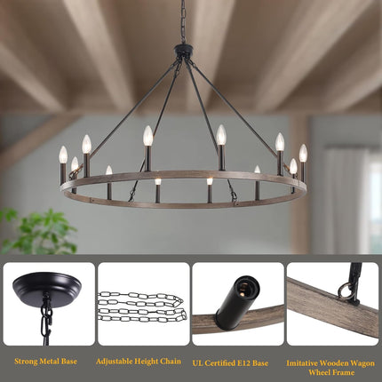 ZJVAIVE 12-Light Black Wagon Wheel Chandelier, 38'' Rustic Farmhouse Chandelier