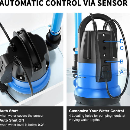 FOTING 3/4HP Automatic Submersible Sump Pump, 3500 GPH Thermoplastic Water Pump with 28 ft Lift & Sensor