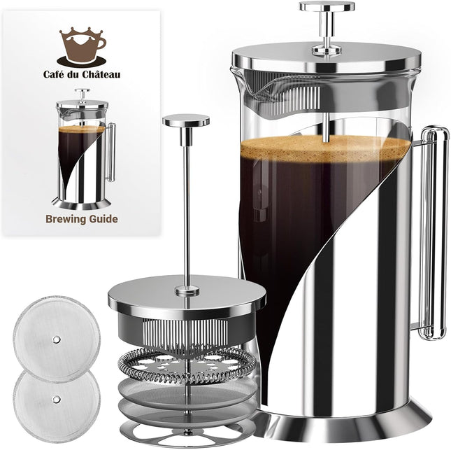 French Press Coffee Maker 34oz – Stainless Steel & Glass Coffee Press with 4-Lev