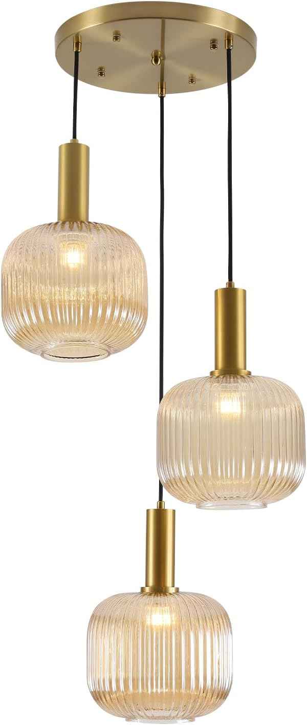BOKT Gold Cluster Globe Glass Ceiling Chandelier 3-Light Amber Hanging Pendant Light Brushed Brass Dining Room Chandelier Stair Adjustable Hanging Light Fixture for Corridor Entryway