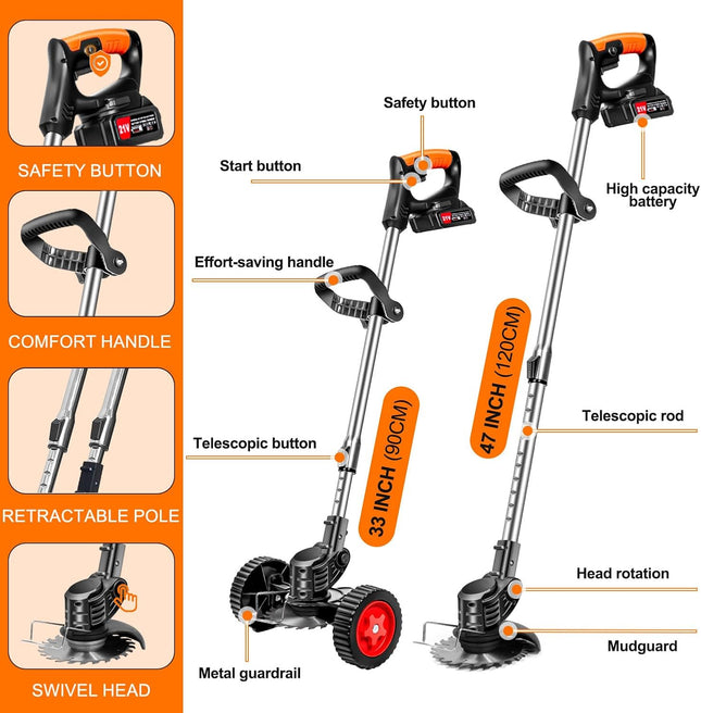 FISIYINDZ Cordless Electric Weed Wacker 21V with 2x 2000mAh Batteries, 3-in-1 Grass Trimmer & Edger (Only 1 Steel Blade)