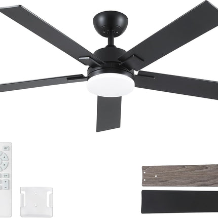 52 Inch Ceiling Fans with Lights and Remote, Black Ceiling Fan with 5 Blades, 6