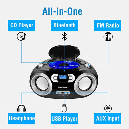 MEGATEK Portable CD Boombox with FM Stereo Radio, Bluetooth, USB Port, and Backl
