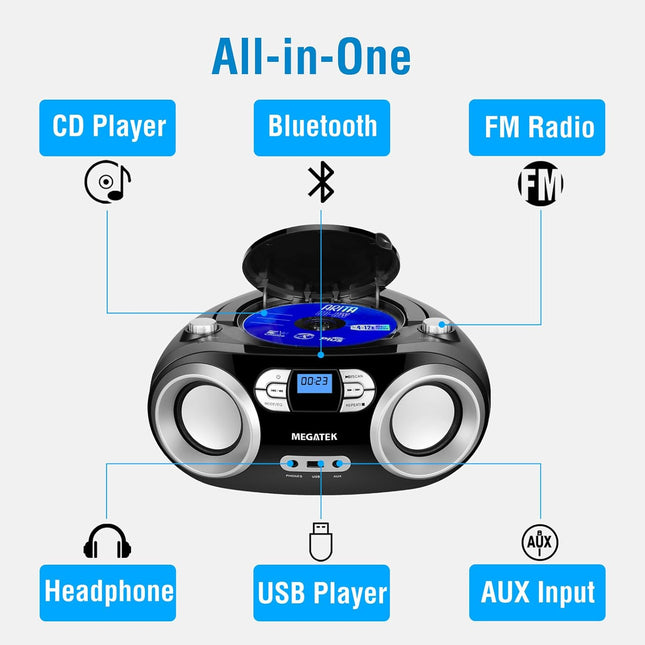 MEGATEK Portable CD Boombox with FM Stereo Radio, Bluetooth, USB Port, and Backl