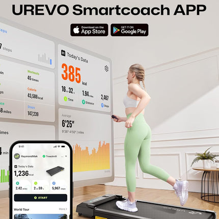 UREVO 2-in-1 Under Desk Walking Pad Treadmill, 4 MPH with 2.5 HP 40 dB Quiet Motor & App Control, 265 lb