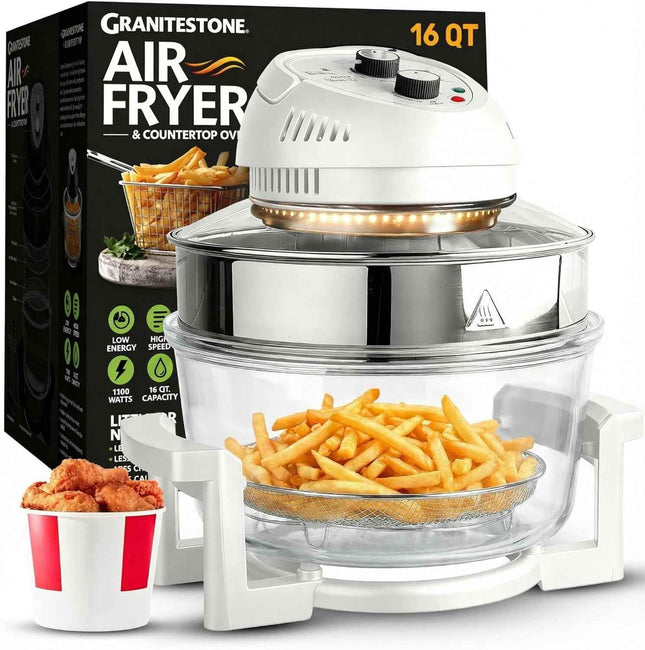 Granitestone 16 Qt Glass Air Fryer Oven Non Toxic, Oil-Less Air Fryer, 16 Quart, 1300W with Built in Timer, Self Clean Function, Dishwasher Safe, Includes 50+ Recipe Book - White