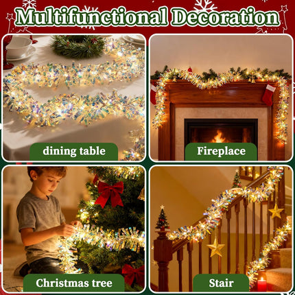 Christmas Tinsel Garland with Lights Iridescent Metallic Foil Garland 16.4FT USB