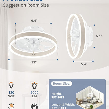 Low Profile Ceiling Fans with Lights and Remote, 19.7'' Modern Flush Mount Ceili