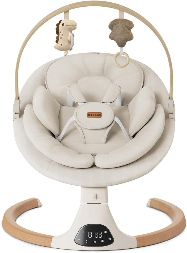 Monamii Bluetooth Baby Swing for Infants, 5 Sway Motions, 10 Melodies, Remote Control & Auto-Rocking, Light Beige