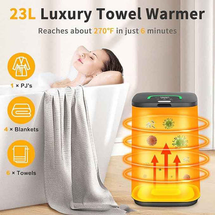 2025 Upgraded Towel Warmer for Bathroom, 23L Large Hot Towel Warmers Bucket with LED Display, 3 Heating Modes, Up to 24 Hour Delay, Luxury Towel Heater for Oversize Bathrobes Blankets - Black https://a.co/d/0b4h1kl1
