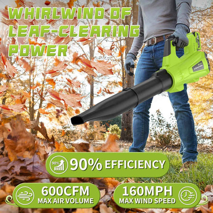 GREENER 21V Leaf Blower Cordless - 600CFM/160MPH Turbo Mode Electric Leaf Blower