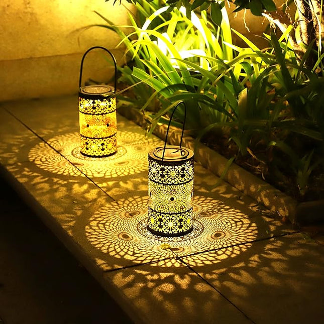 Freekite 2 Pack Solar Lanterns for Outdoor, Hanging Moroccan-Style Garden Lights with Ground Stakes, Auto Dusk-to-Dawn