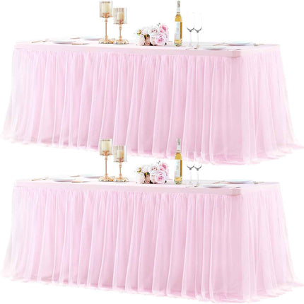 2 Pack Pink Table Cloth for 6 Foot Rectangle Tables, Pink Tulle Table Skirt Stre