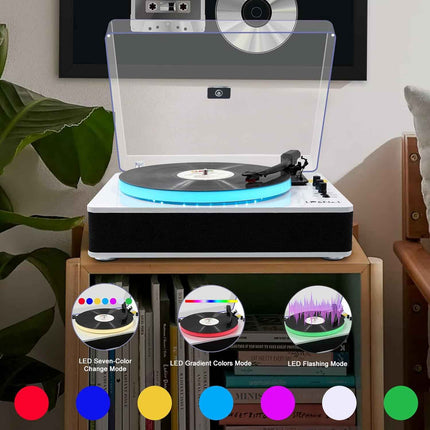 LP&No.1 Record Player with Built-in Stereo Speakers, LED Control, 3-Speed Belt-D