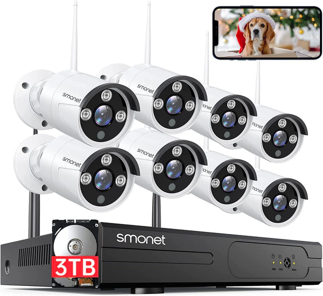 SMONET 8 Channel Wireless Security Camera System, 5MP HD with Audio, 3TB Hard Drive NVR, Color Night Vision