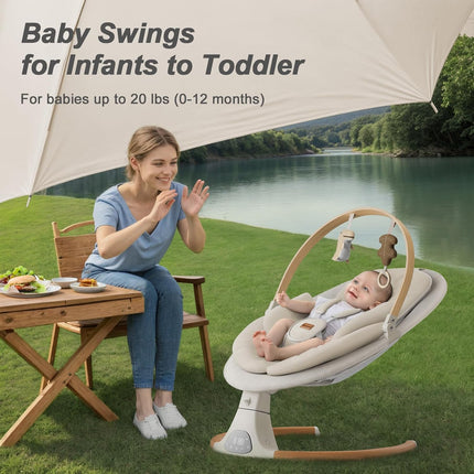 Monamii Bluetooth Baby Swing for Infants, 5 Sway Motions, 10 Melodies, Remote Control & Auto-Rocking, Light Beige