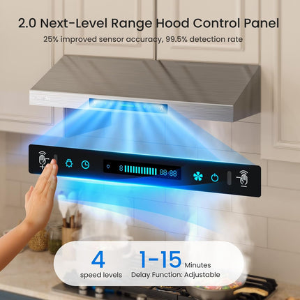 HisoHu 30 Inch Under Cabinet Range Hood with 1200-CFM, 4 Speed Gesture Sensing&T