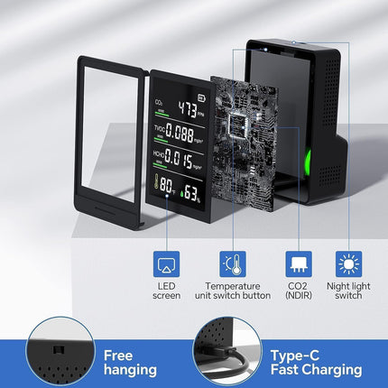 5-in-1 Professional Indoor Air Quality Monitor Indoor Portable CO2 Monitor | Tem