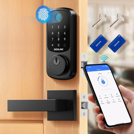 DESLOC B200 Fingerprint Smart Lock with 2 Lever Handles, Keyless Entry Deadbolt with App, Code & Key, IP54
