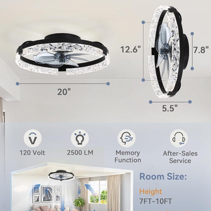 LEDIARY 20 Inch Low Profile Ceiling Fans with Lights and Remote, Fandelier Ceili