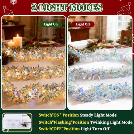 Christmas Tinsel Garland with Lights Iridescent Metallic Foil Garland 16.4FT USB
