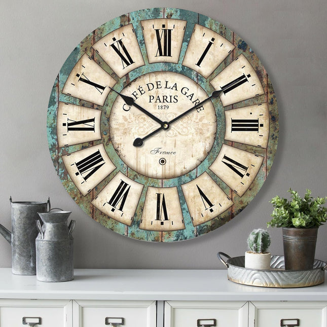 24 Inch Vintage Wall Clock, Roman Numerals Style, Battery Operated, Non-Ticking,