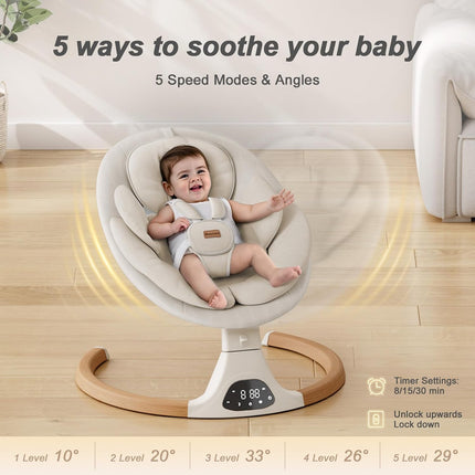 Monamii Bluetooth Baby Swing for Infants, 5 Sway Motions, 10 Melodies, Remote Control & Auto-Rocking, Light Beige