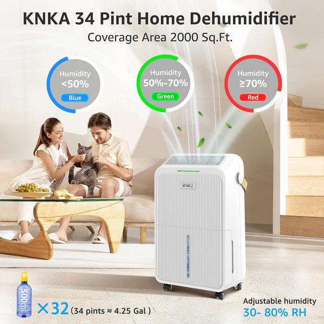 Dehumidifier for Basement with Drain Hose Max 34 Pints, KNKA 2000 Sq.Ft Dehumidi