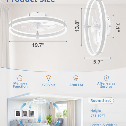 Ceiling Fans with Lights and Remote, 19.7'' Low Profile Ceiling Fans, 3000-6000K