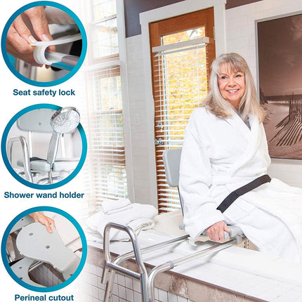 DMI Heavy-duty Sliding Transfer Bench Shower Chair With Cut-out Seat and Adjusta