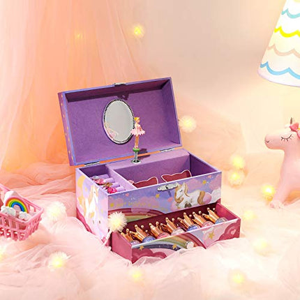 SONGMICS Music Jewelry Box, Ballerina Music Box, Rainbow and Unicorn, 7.5 x 4.3