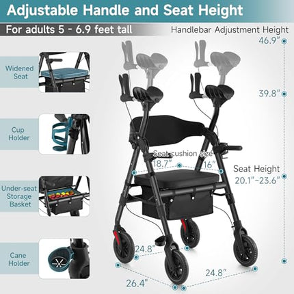 StrollAid Upright Walkers for Seniors, Stand Up Rollator Walker with Padded Seat