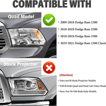 Headlight Assembly Compatible with 2009-2018 Dodge Ram 1500/2010-2018 Dodge Ram