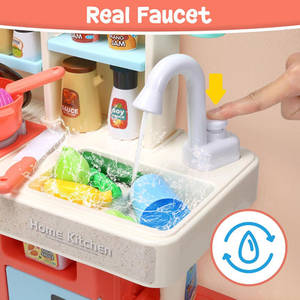 CUTE STONE Pretend Play Kitchen with Water Sink & Steam Stove, 63 Pieces with Light & Sound (No Instructions)