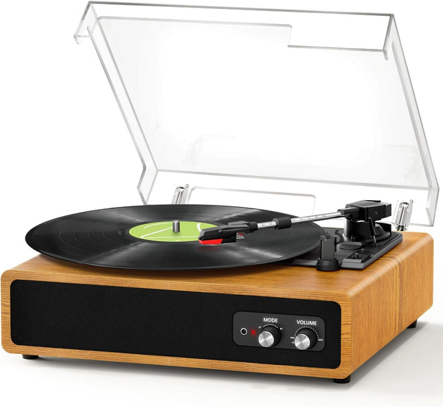 Record Player, FYDEE Vinyl Record Player with Built-in 2 Stereo Speakers, 3-Spee